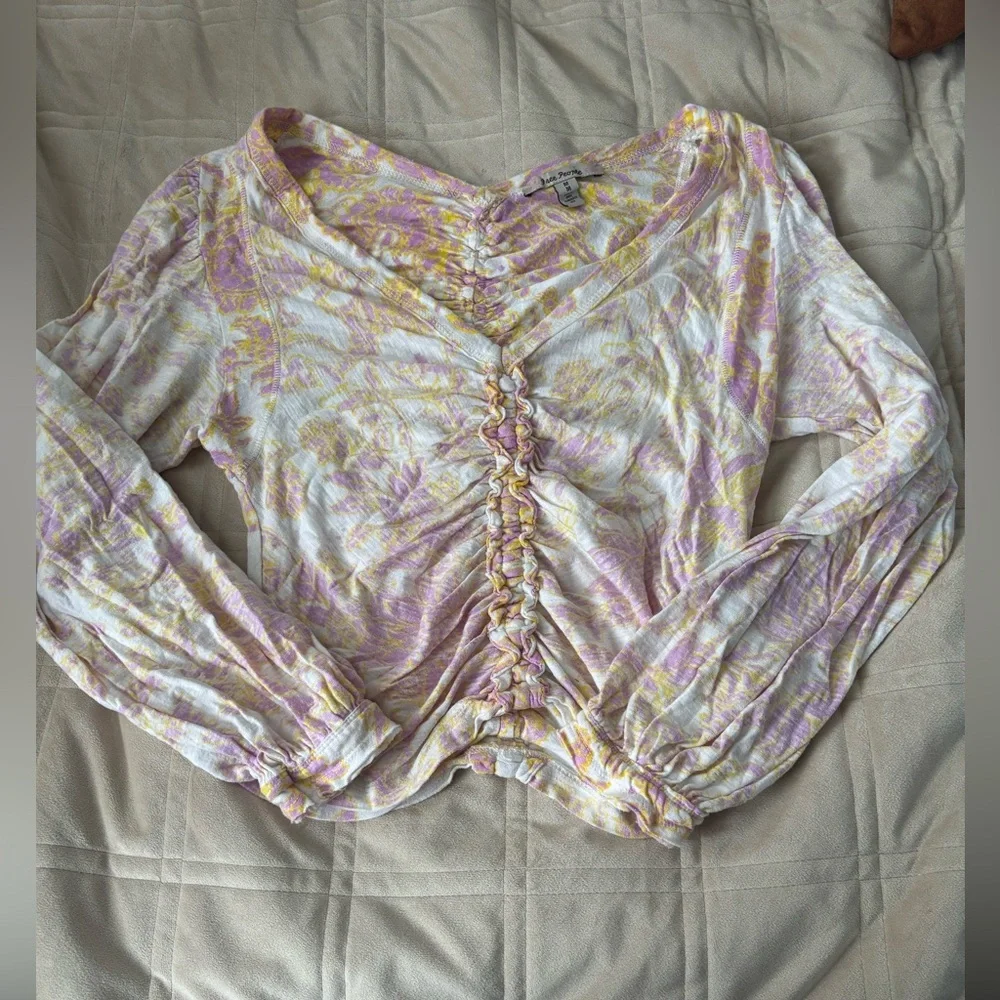 Free People Cream and Pink Floral Ruched Blouse - Picture 3 of 6